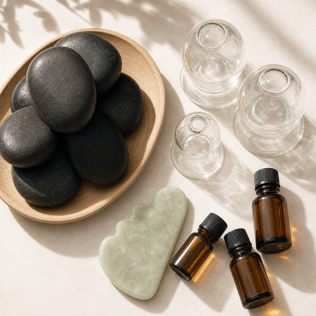 Spa add-on therapy tools — hot stones, cupping, gua sha