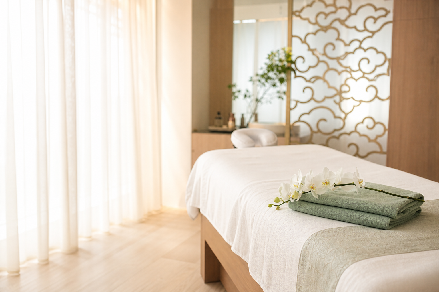 Serene bright treatment room at Ancient Dynasty Spa